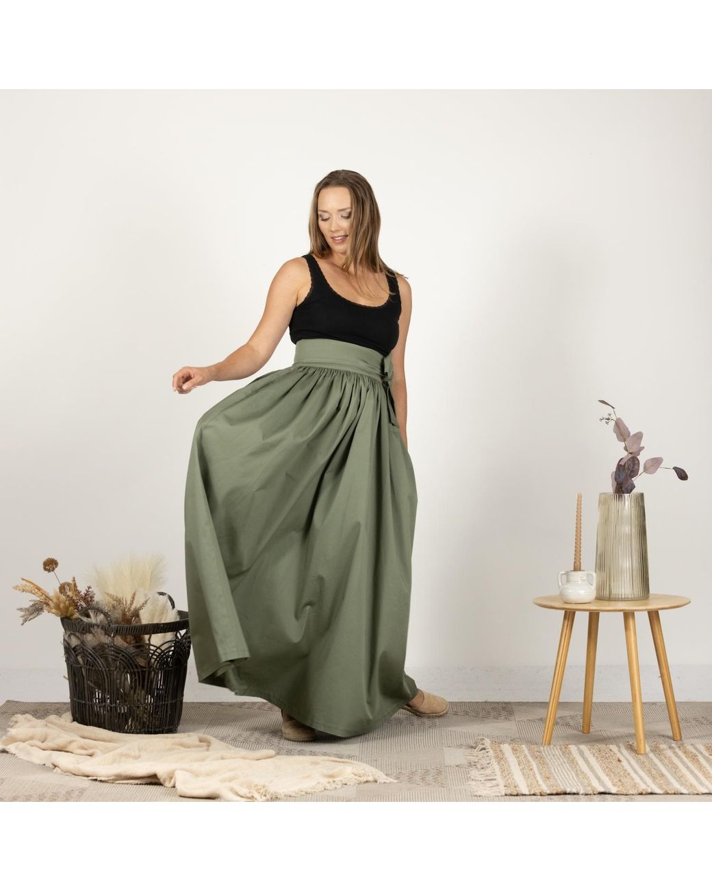 Nikka Place Green High Waist Cotton Gathered Skirt With Front Bow & Pockets