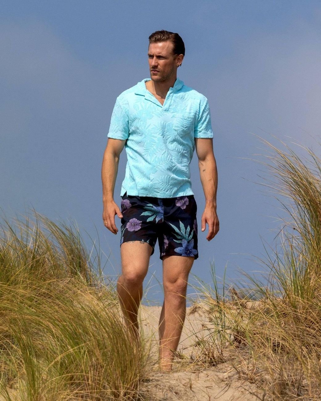 Lords of Harlech Blue Pool Floral Memory Swim Short for men