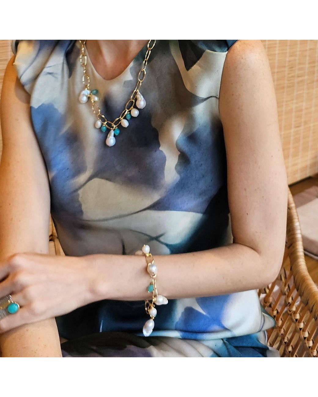 Farra Metallic Baroque Pearls With Amazonite Charms Bracelet