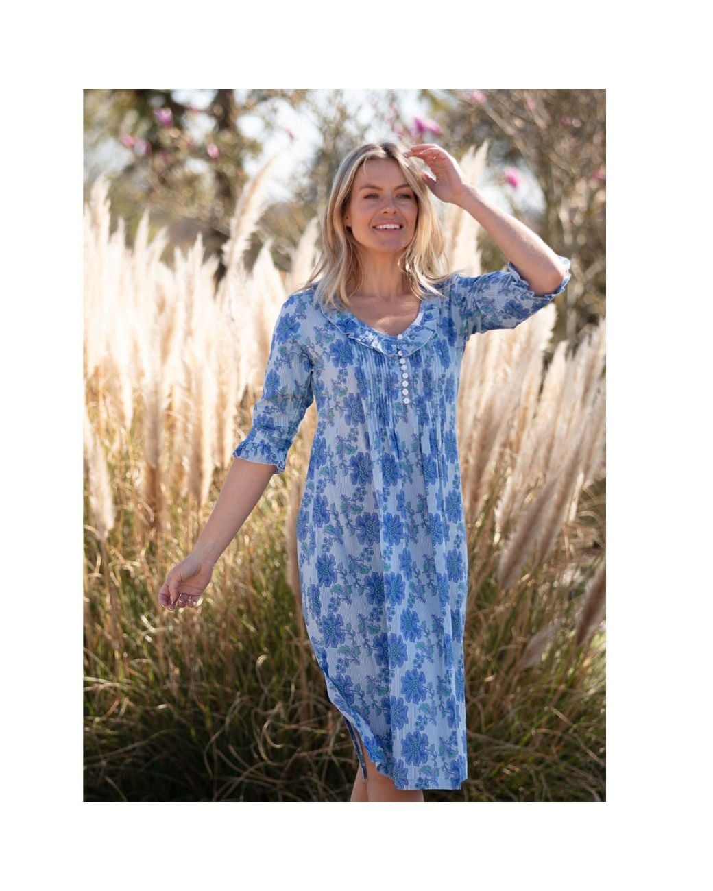 At Last Blue Cotton Karen Long Sleeve Day Dress