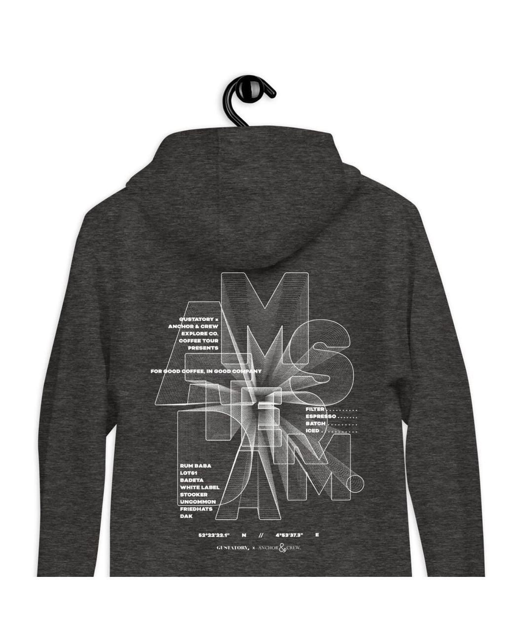 Anchor and Crew Gray Heather Gustatory Amsterdam Coffee Scene Cotton Blend Embroidered Hoodie