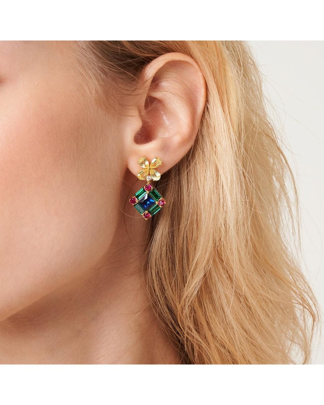 Juvetti Green Medina Earrings In Yellow Sapphire, Royal Blue Sapphire, Emerald And Diamond