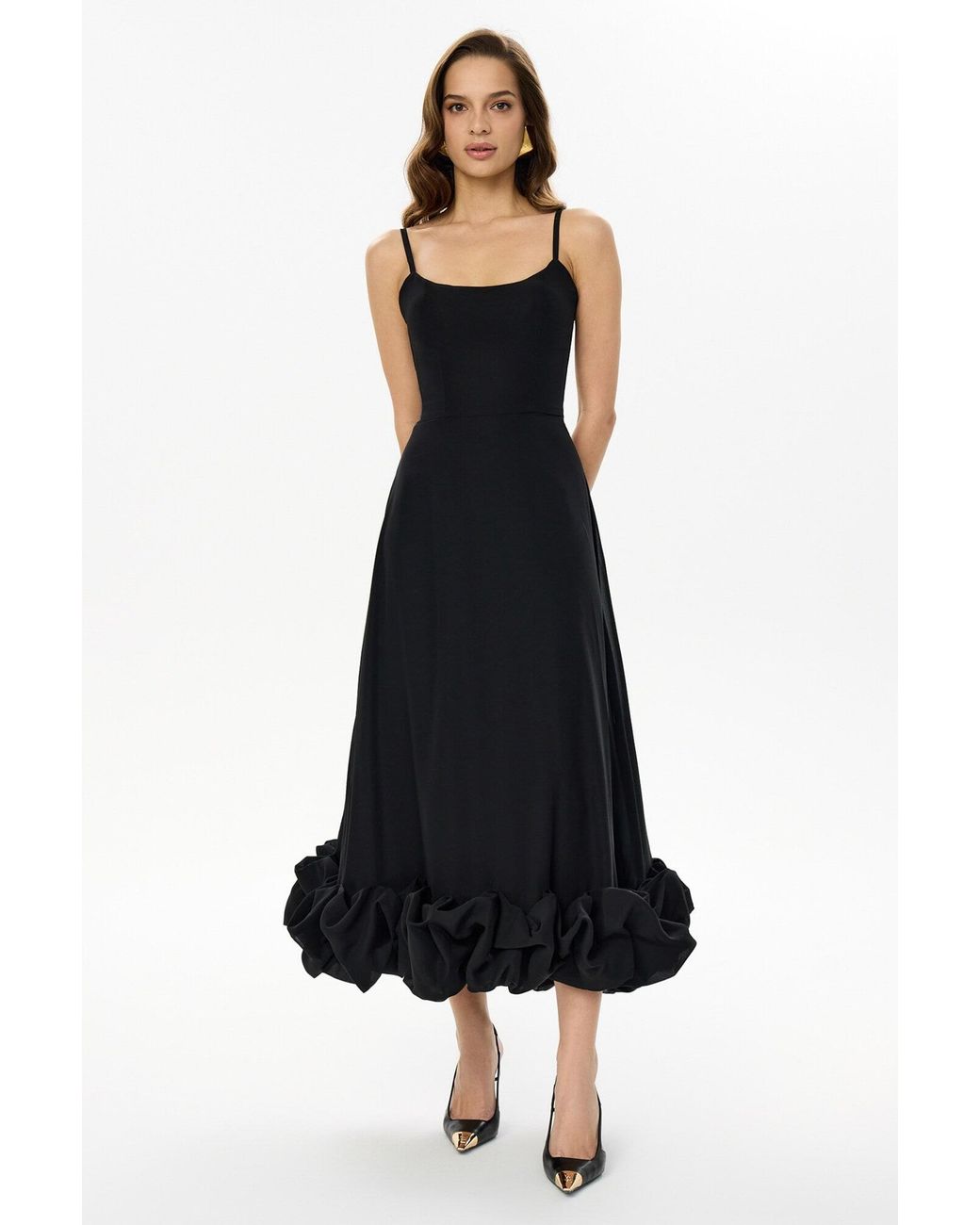 POST MERIDIEM Black Flounce Bustier Midi Dress
