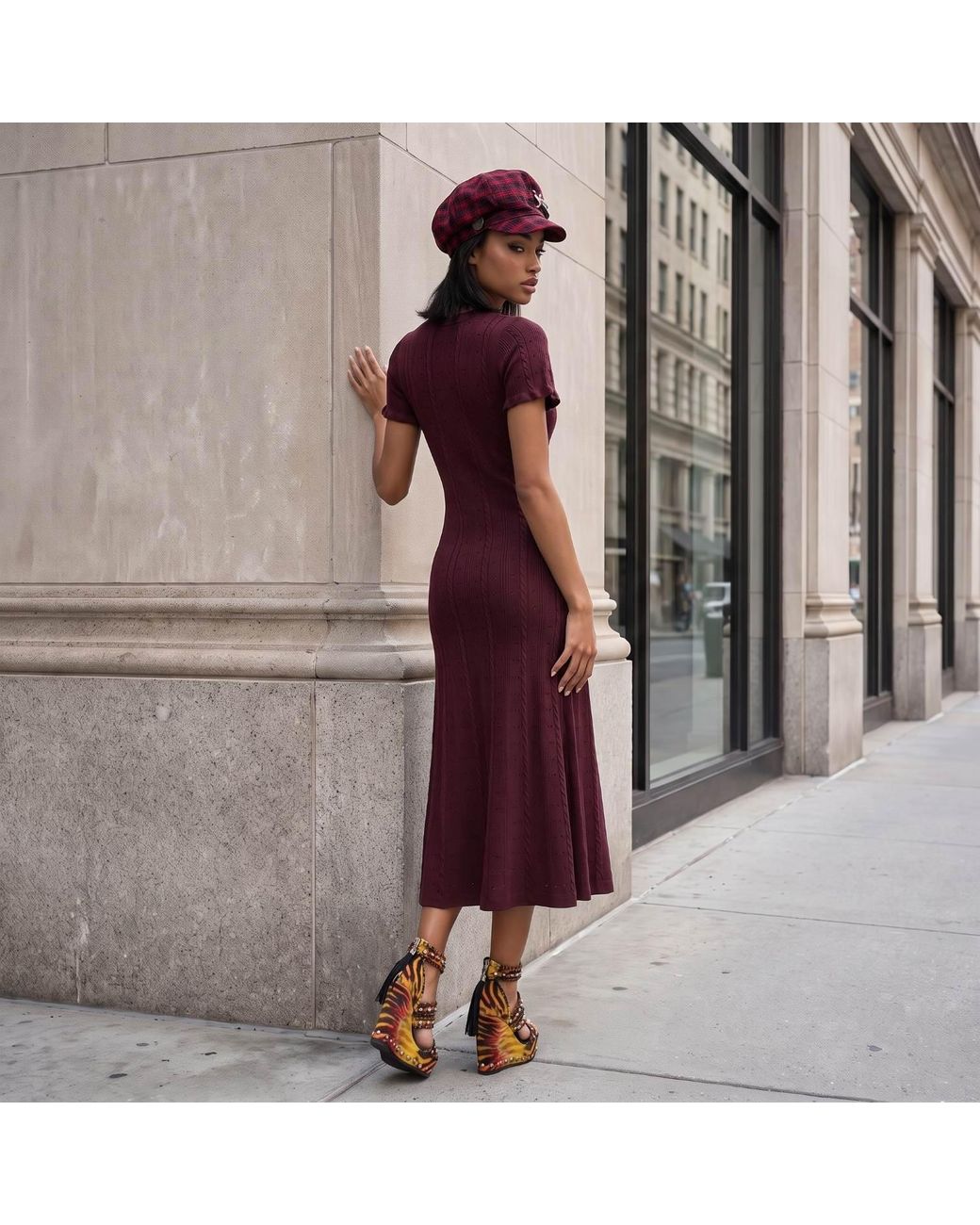 Modenaire Purple Textured Knit Midi Dress Clean Silhouette
