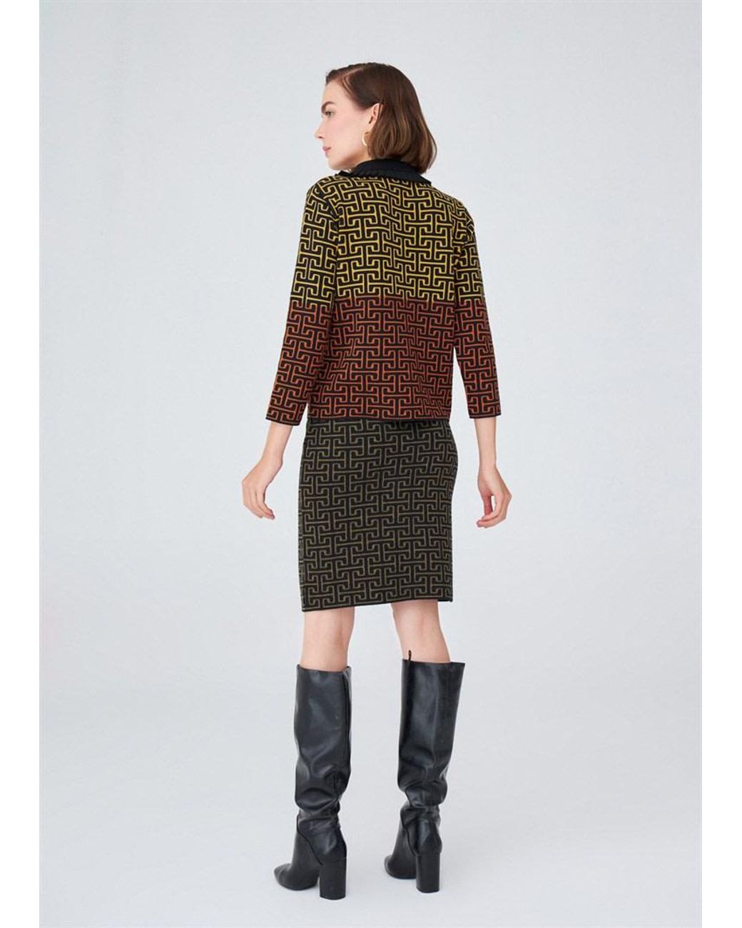 Peraluna Brown 3/4 Sleeve Geometric Jacquard Patterned Knitwear Jacket