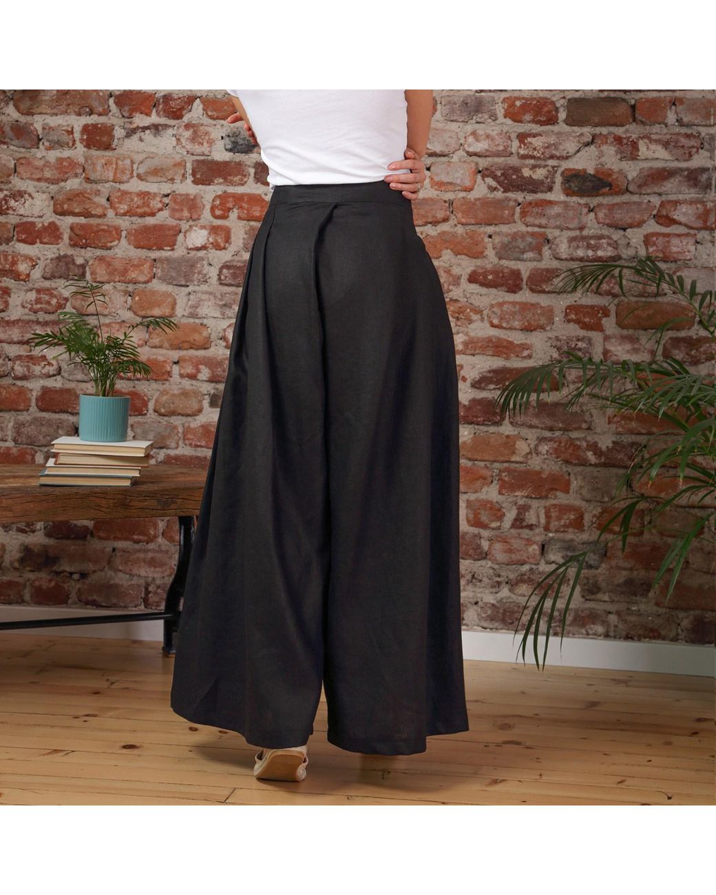 Nikka Place Black Wrap Around Wide Leg Linen Pants With Front Tie