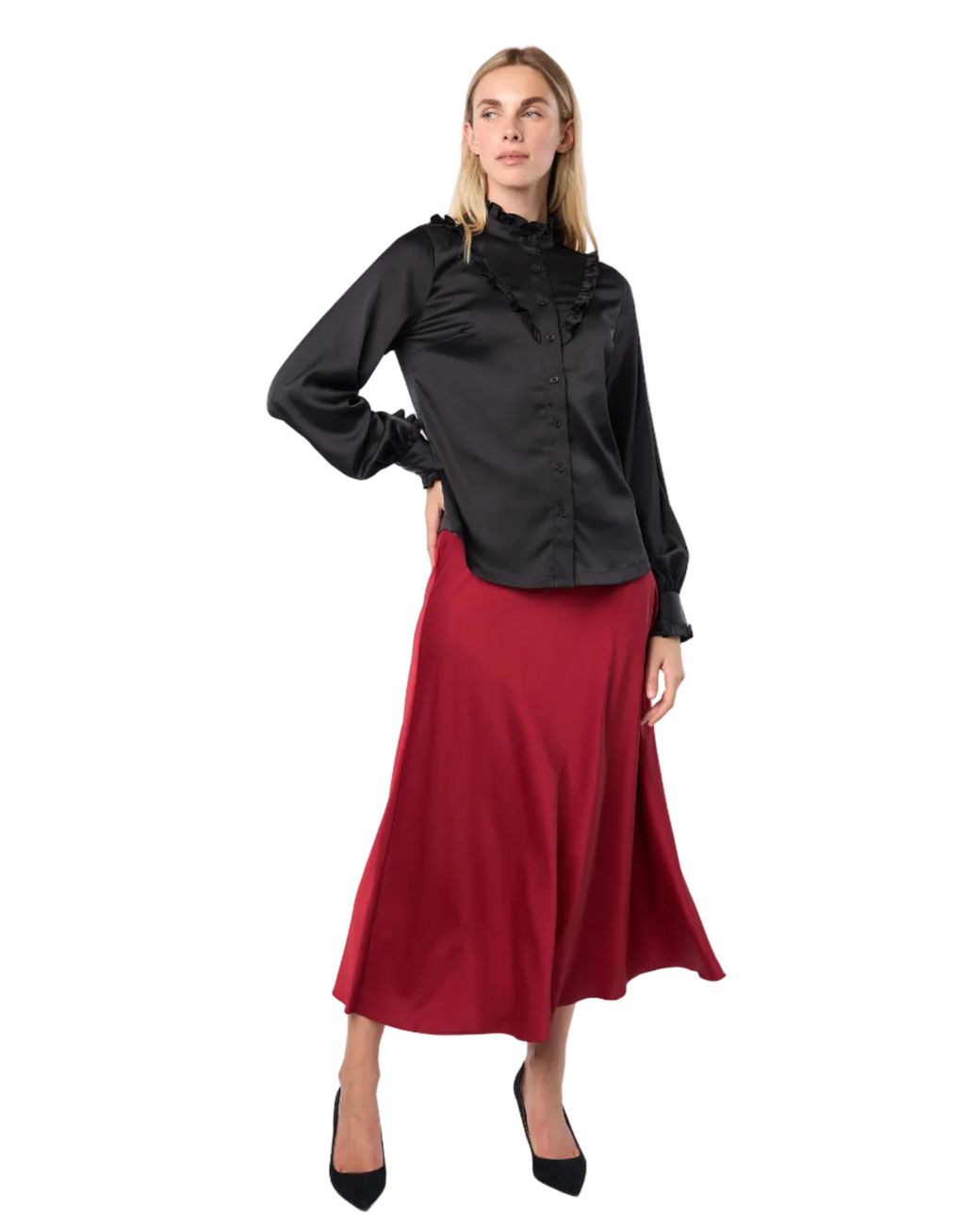 Carloslines Black Ruffle Stand Collar Long Sleeve Shirt