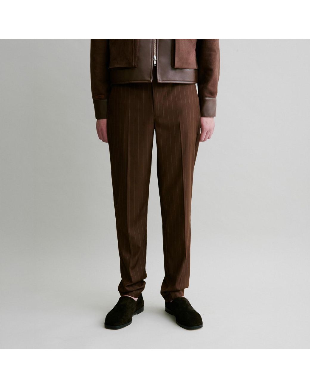 Luroq London Brown Linear Pinstripe Trousers for men