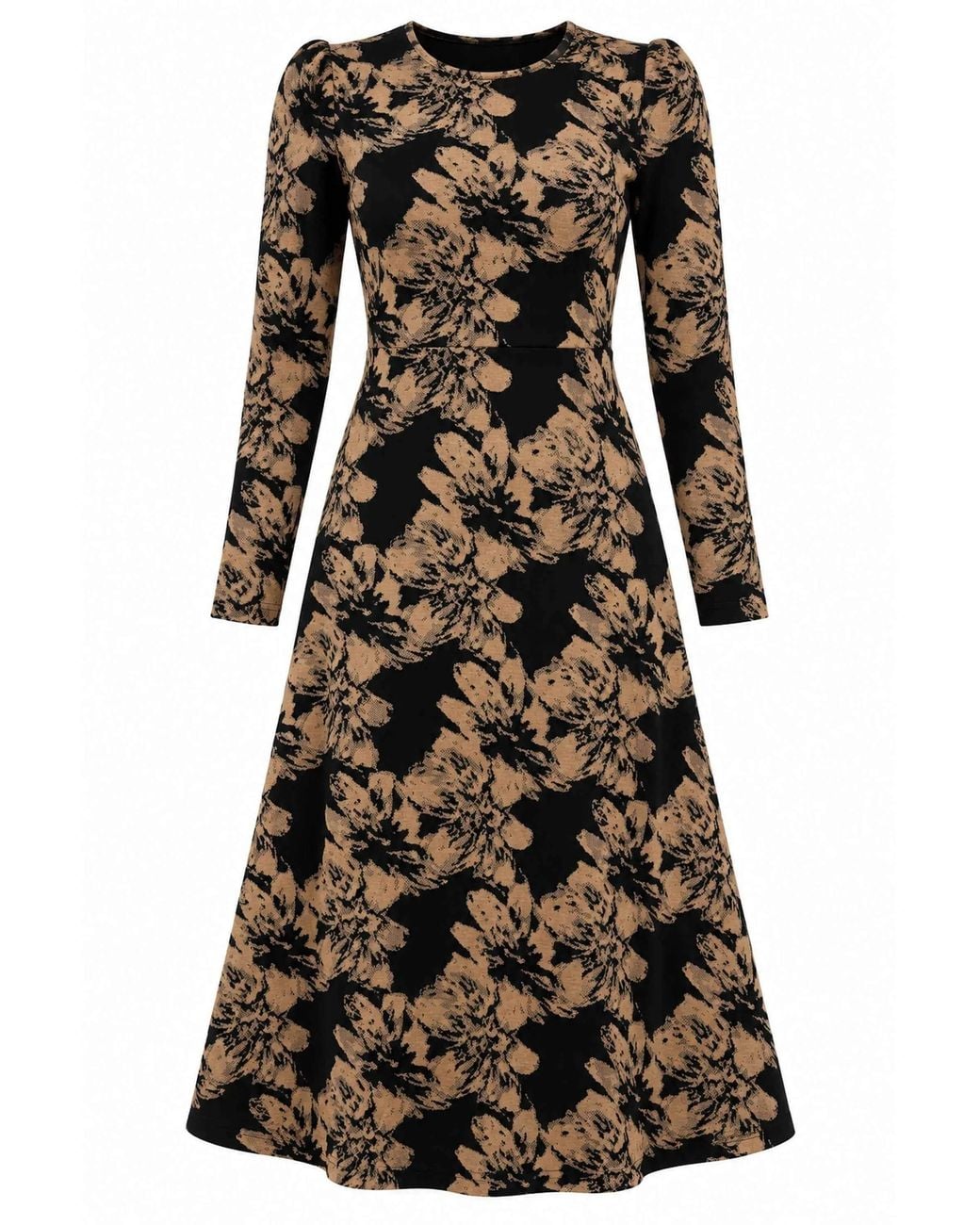 James Lakeland Black Camel Floral Long-Sleeve Midi Dress