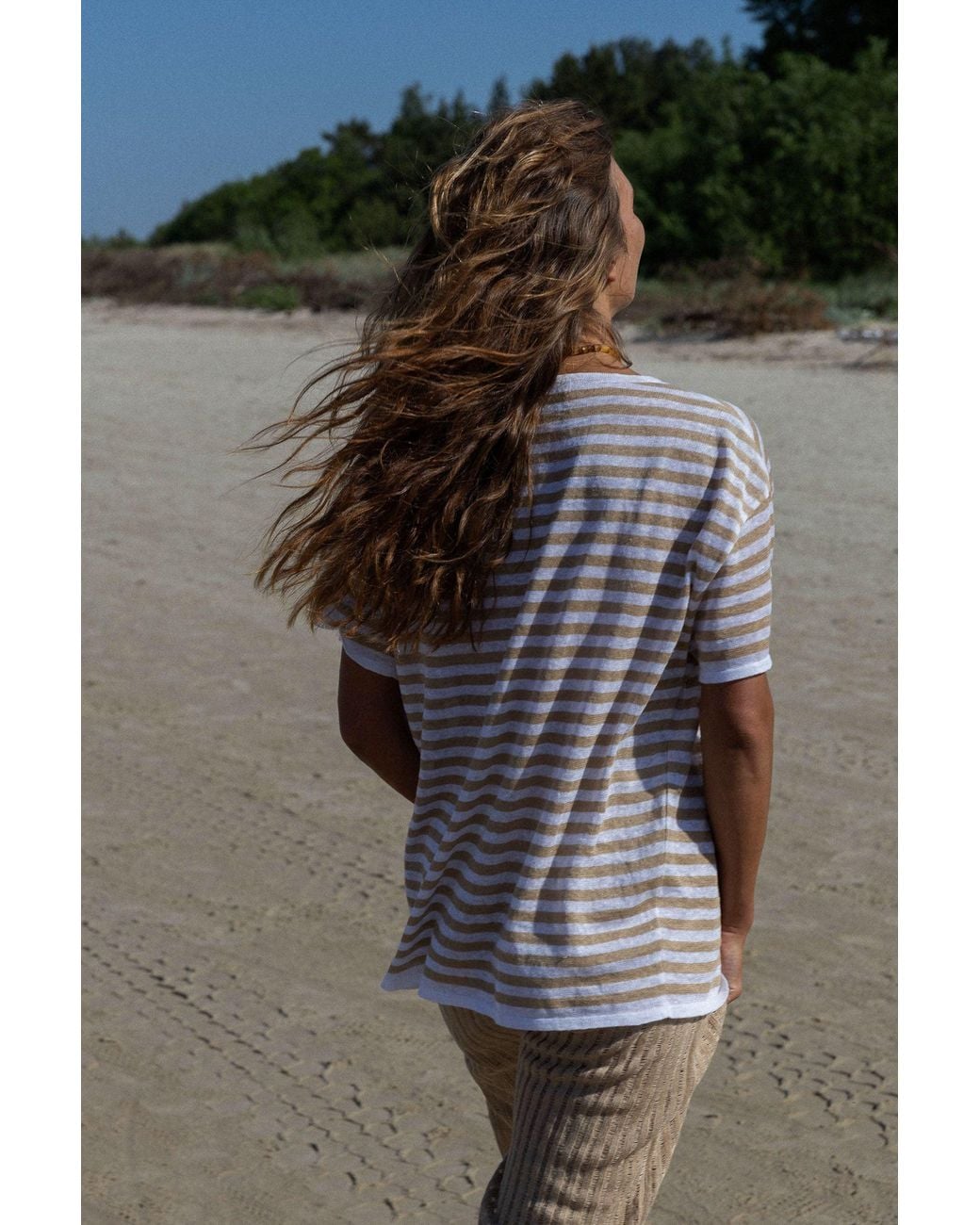 SALANIDA White Energia Ripped Linen T-Shirt Caramel Striped