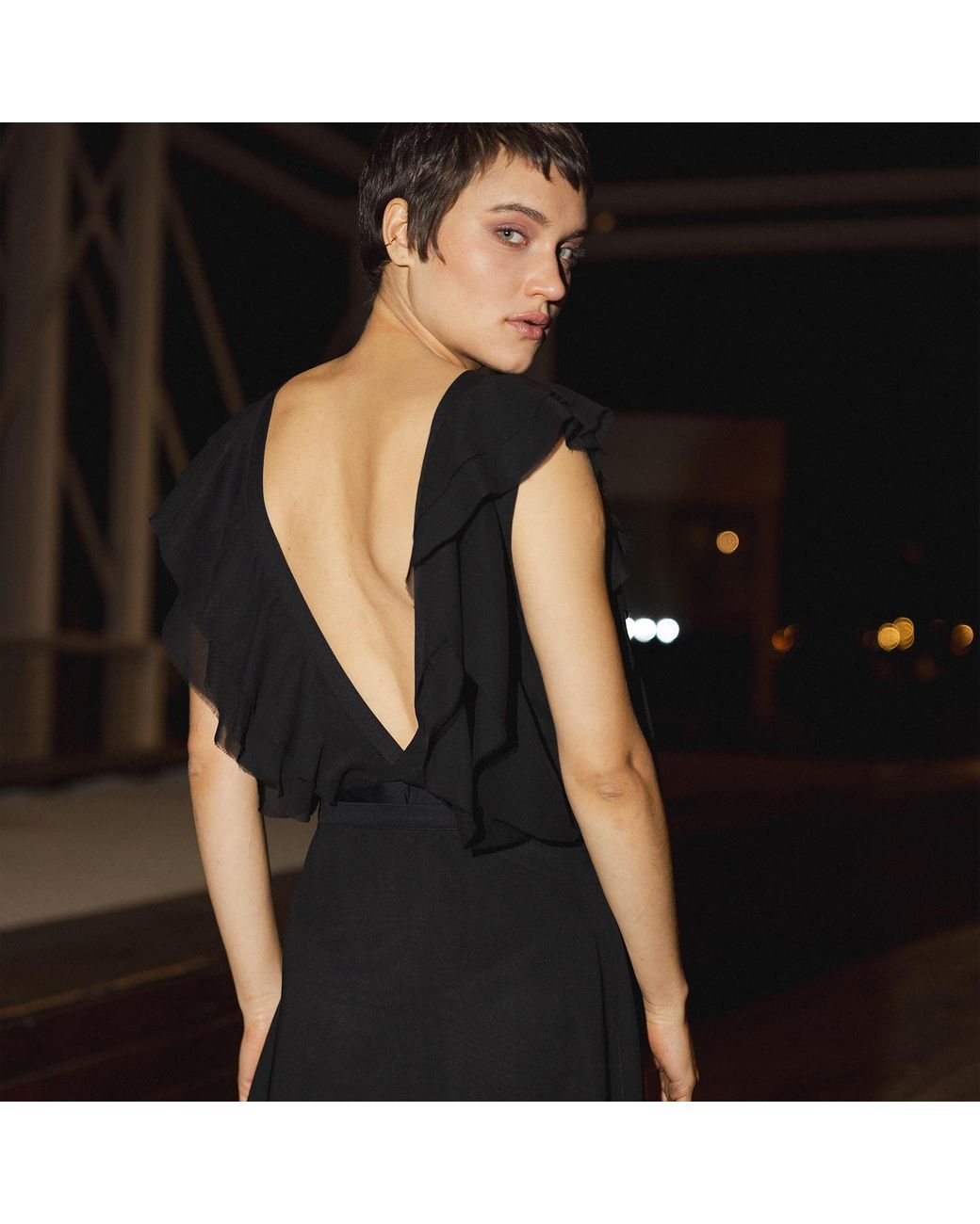 Audrey Vallens Black Miss Av Ruffled Chiffon Bodysuit