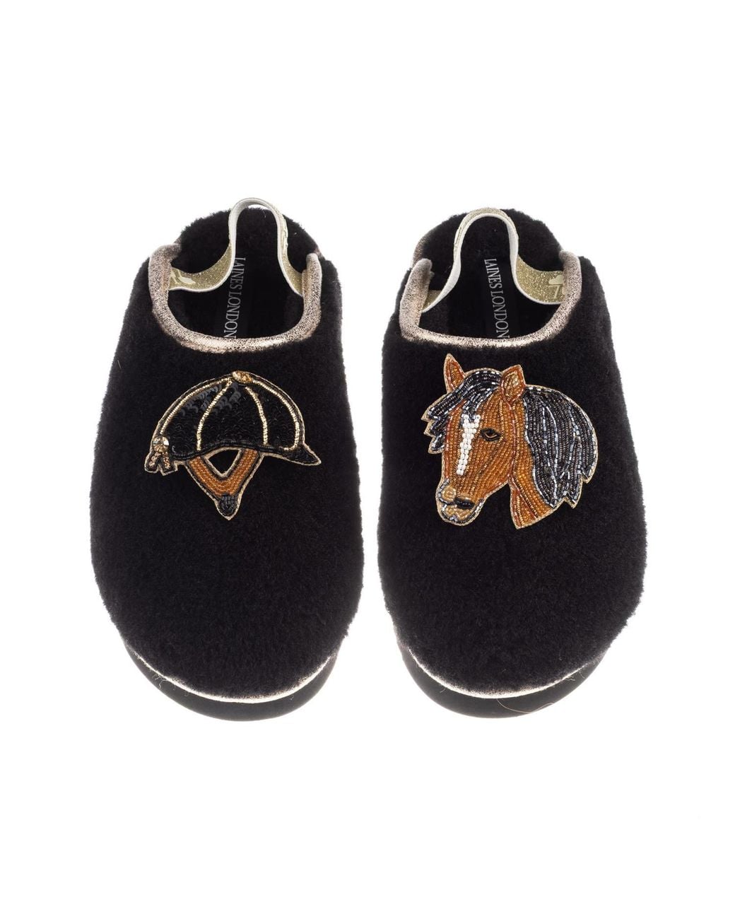 Laines London Black Flatform Cloud Closed Toe Slippers With Riding Hat & Horse Brooches