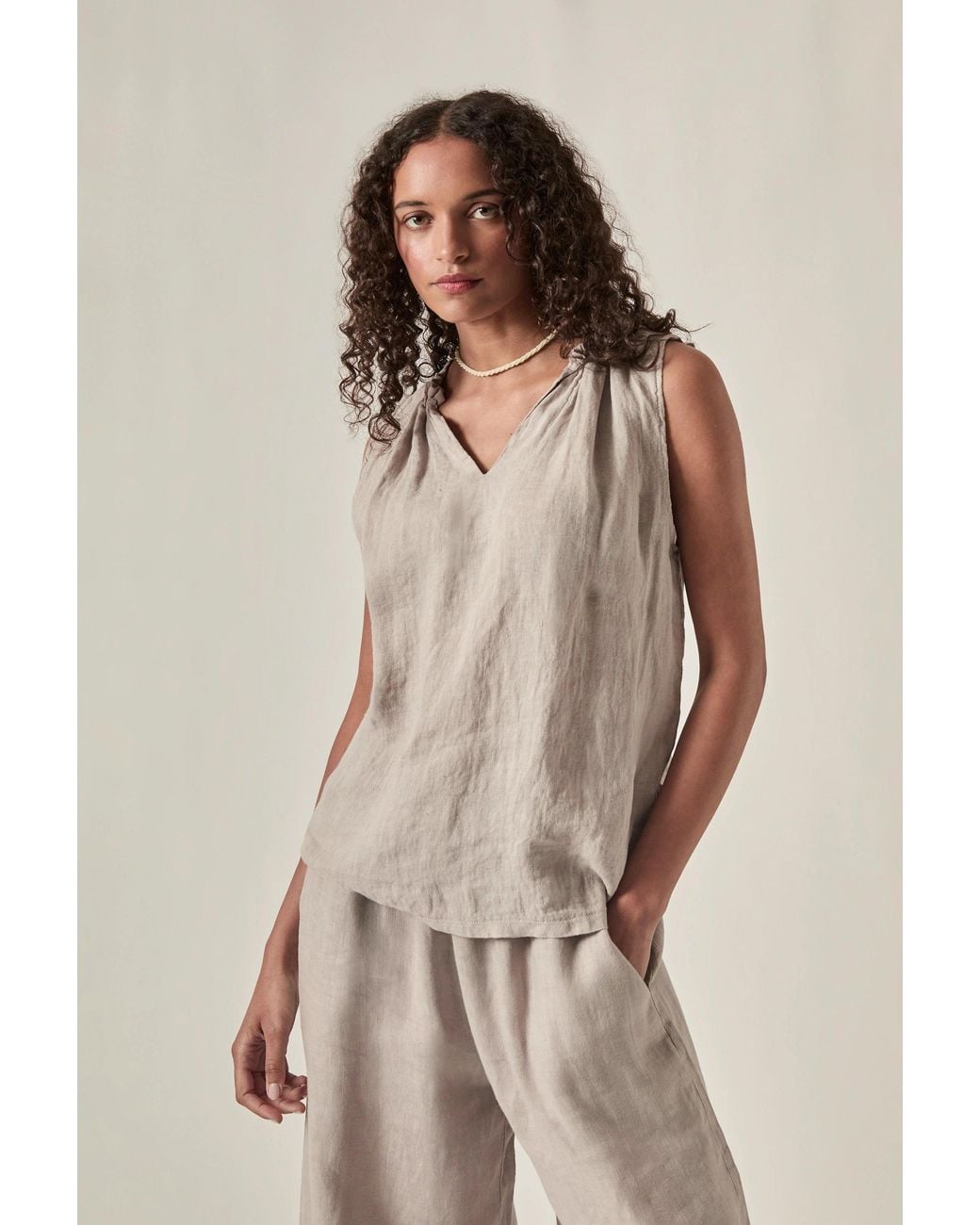 James Lakeland Gray Neutrals Taupe Pure Linen Sleeveless Top