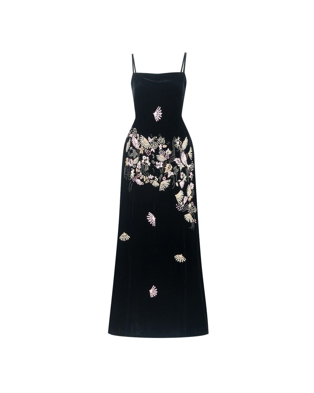 Silk and Bears Black Hand-Embroidered Fan-Motif Silk Velvet Maxi Slip Dress