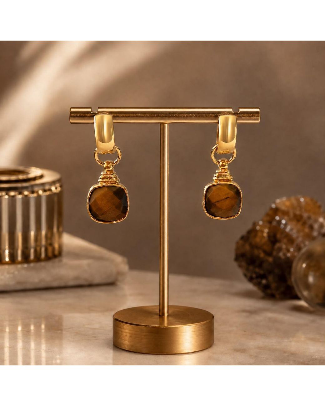 By Ozge Metallic Golden Focus Natural Tiger's Eye Plated Drop Earrings
