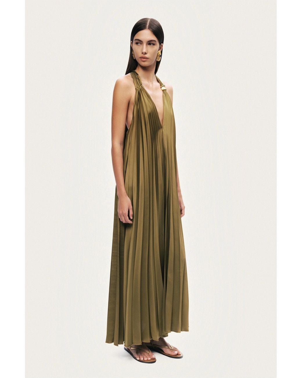 Nocturne Green Neutrals Pleated Halter Maxi Dress