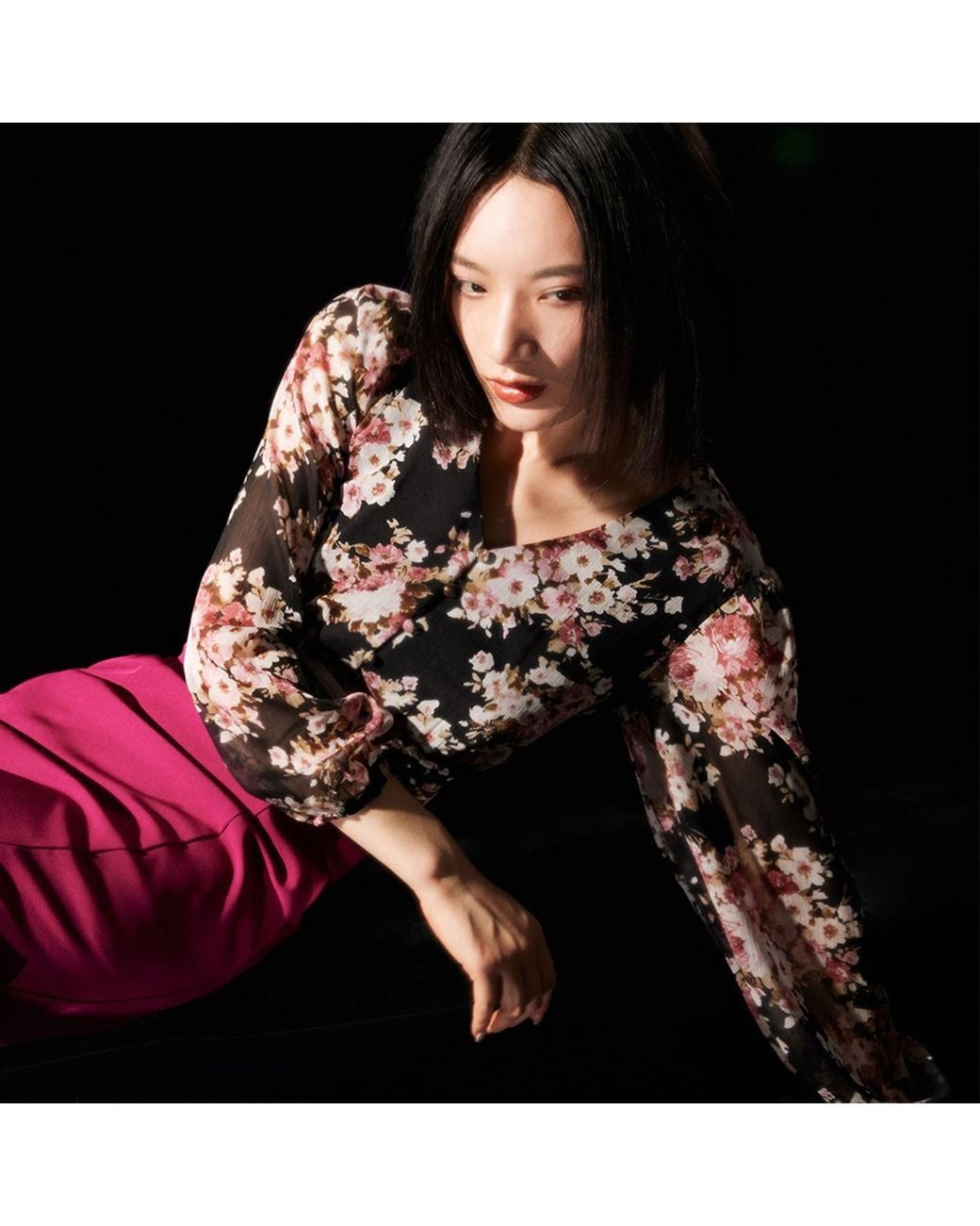 Smart and Joy Black Short Blouse With Flower Print