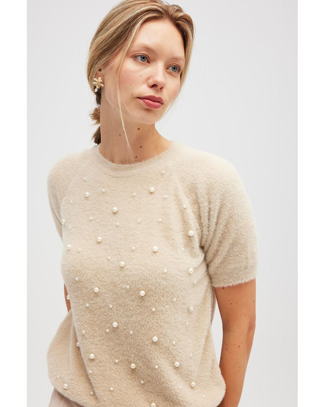 Peraluna Natural Neutrals Emilia Pearl Embroidered Knit Fluffy Blouse