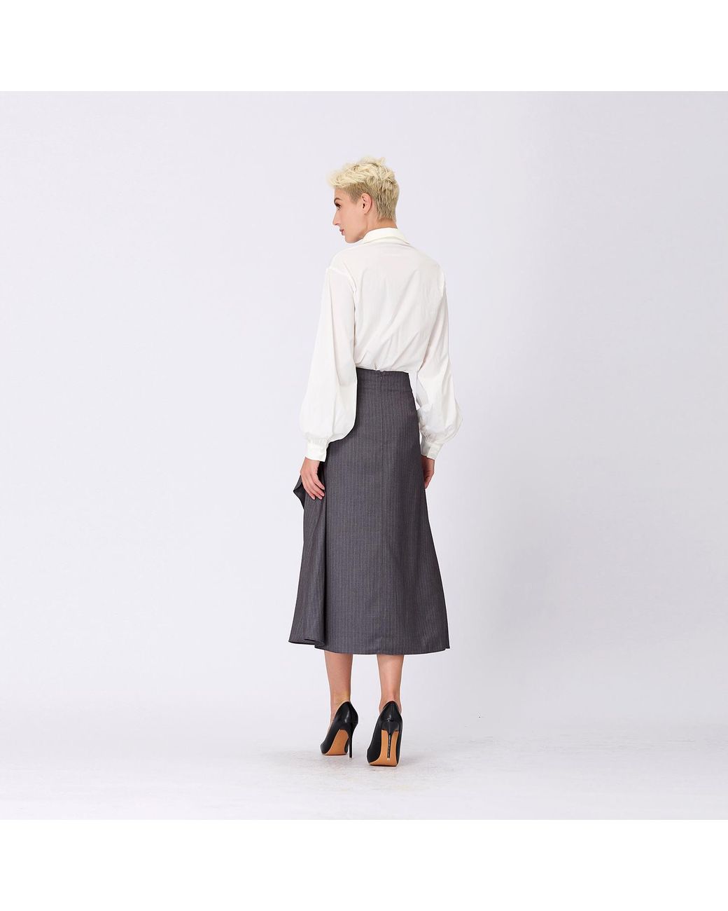 Smart and Joy Gray Asymmetric Ruffle Flared Midi Skirt