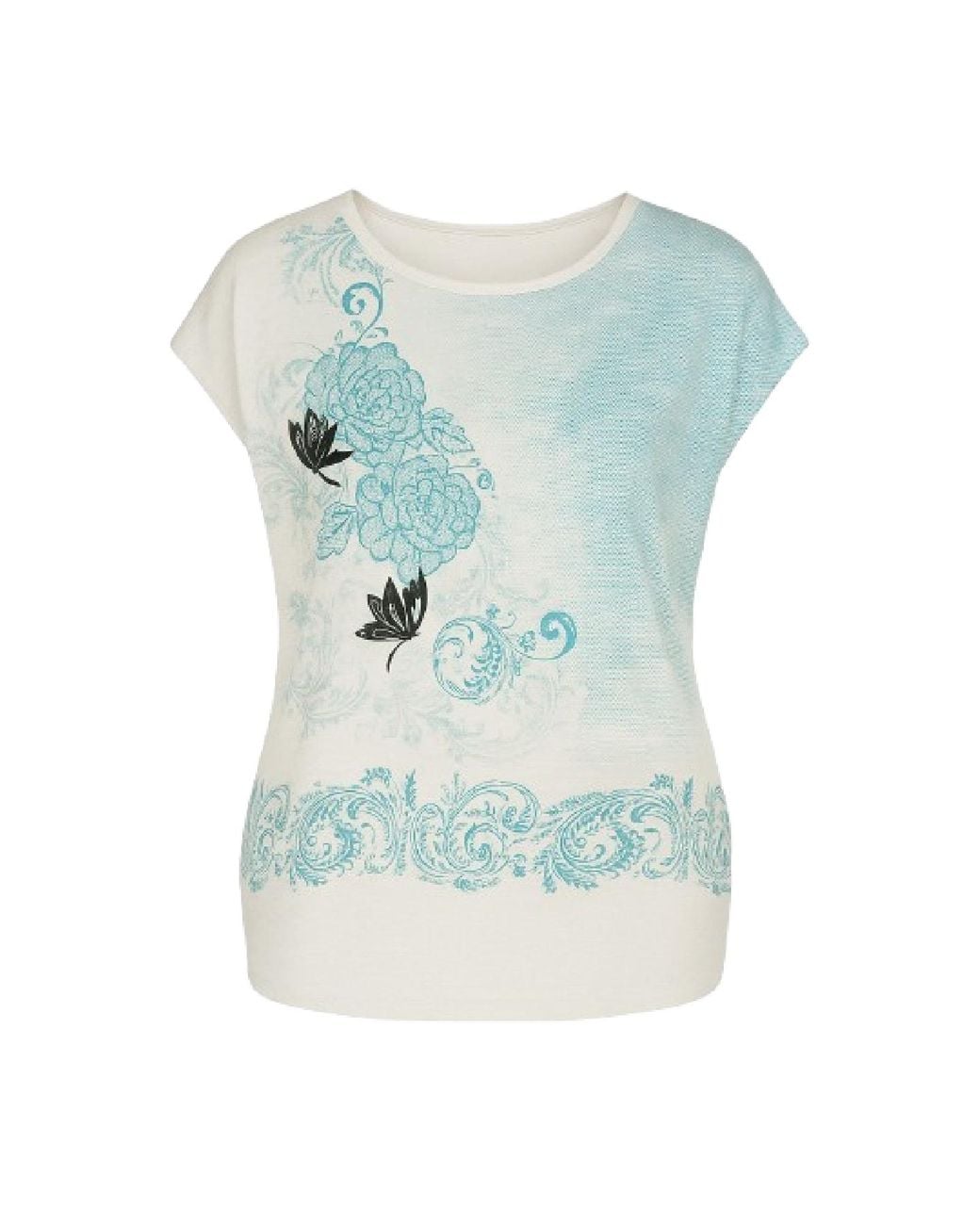 Conquista Blue Printed Short-Sleeve Top With Floral & Ornamental Motifs