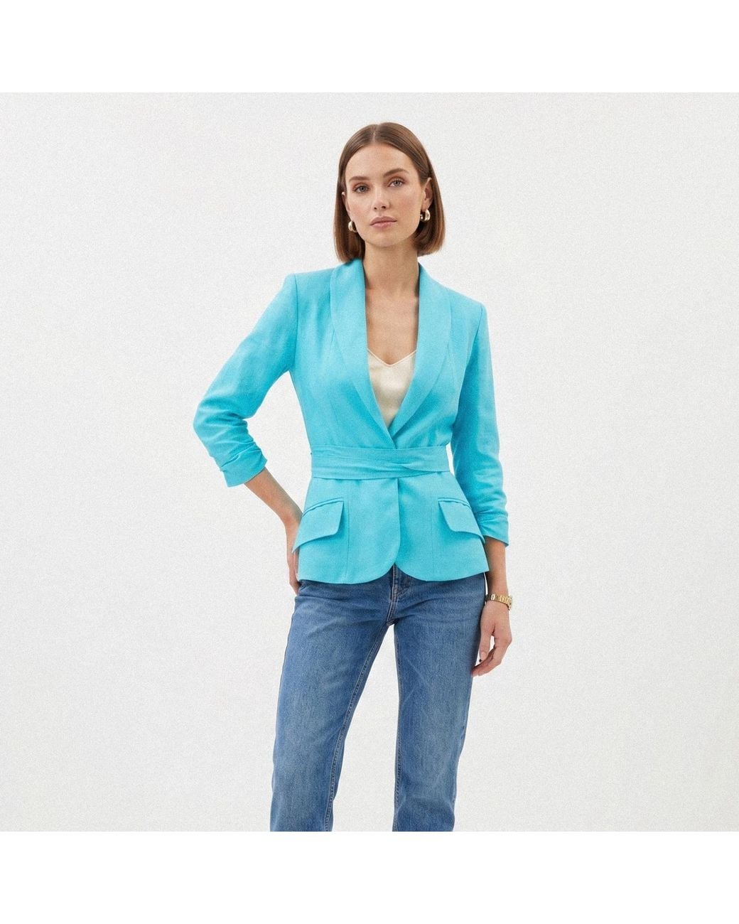AVENUE No.29 Blue Linen Structured Blazer With Belt