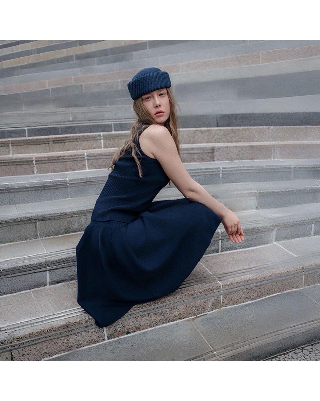 London Atelier Byproduct Blue Knitted Top And Skirt Co-Ordinates Set