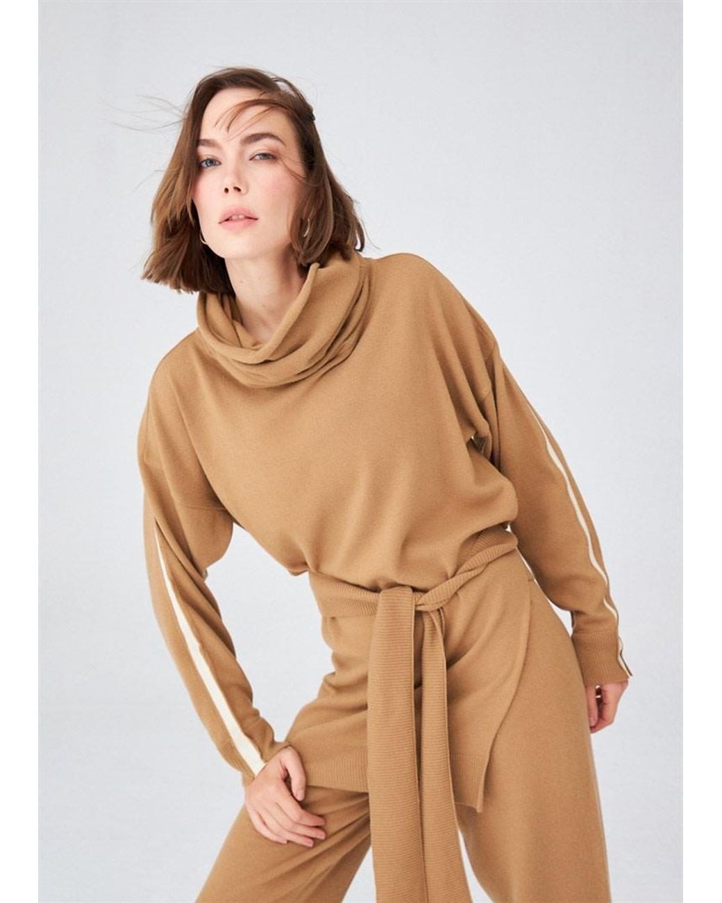 Peraluna Natural Cashmere Blend Mock Neck Belted Knitwear Long Pullover