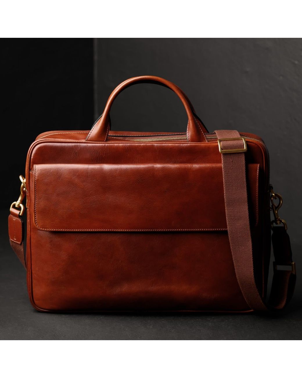 Time Resistance Brown Cognac Leather Briefcase Laptop Bag for men