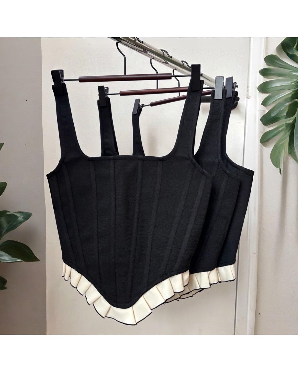London Atelier Byproduct Black Rib Knit Corset Top With Ruffle