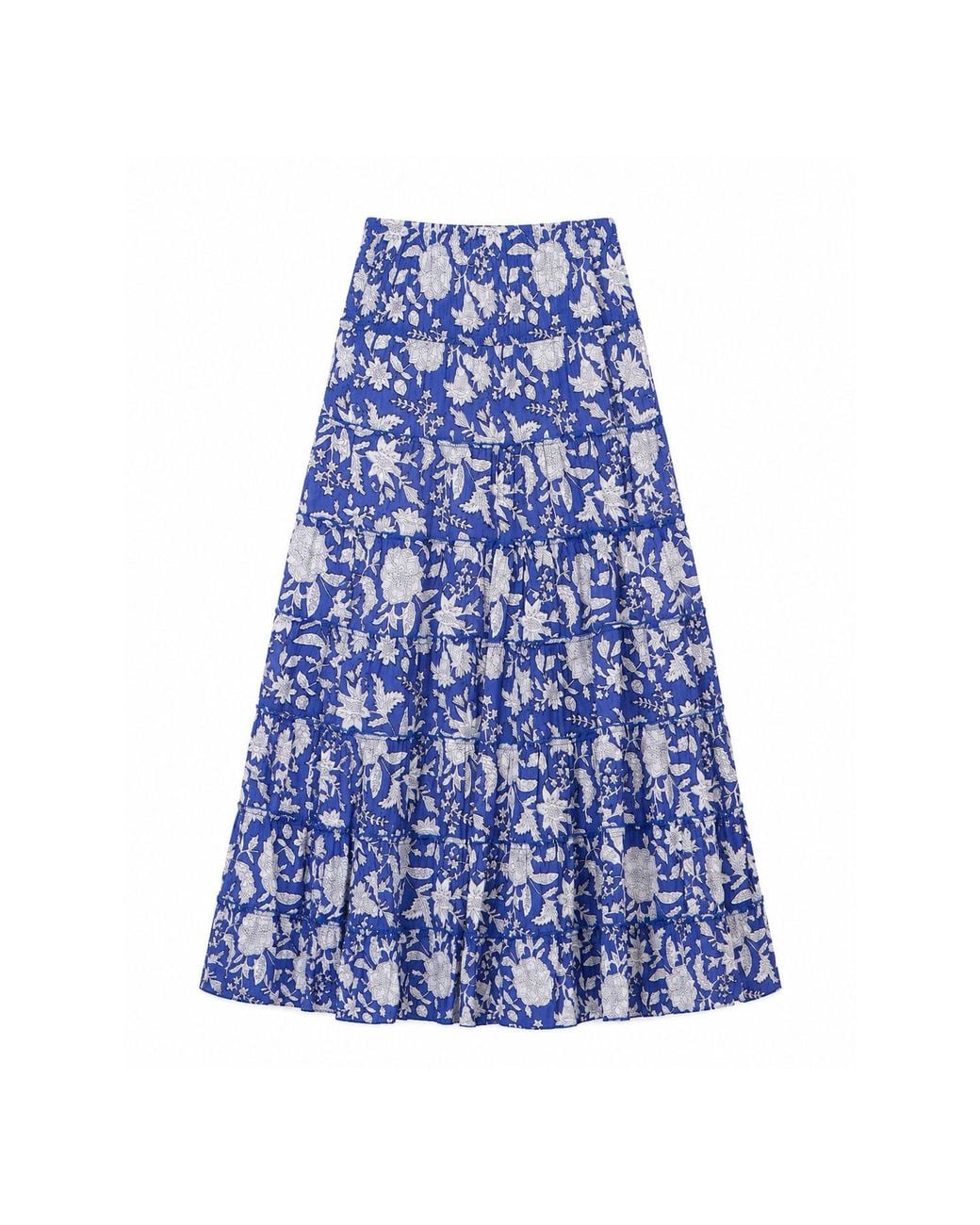 Yumi' Blue Floral Cotton Tiered Maxi Skirt