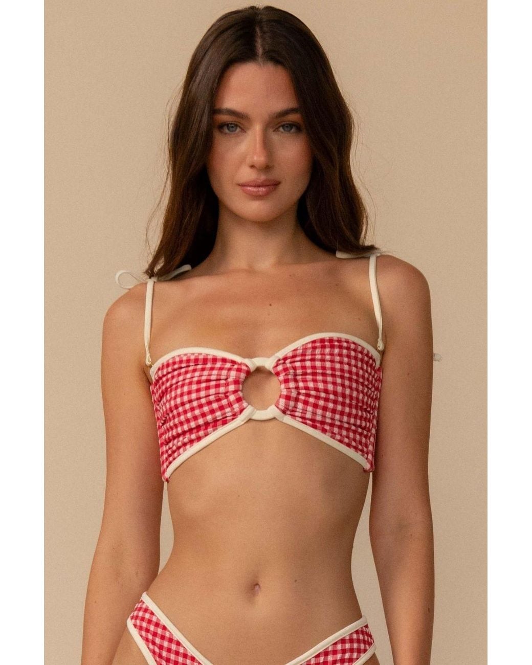 Montce Red Micro Gingham Binded Tori Ties Bandeau Bikini Top