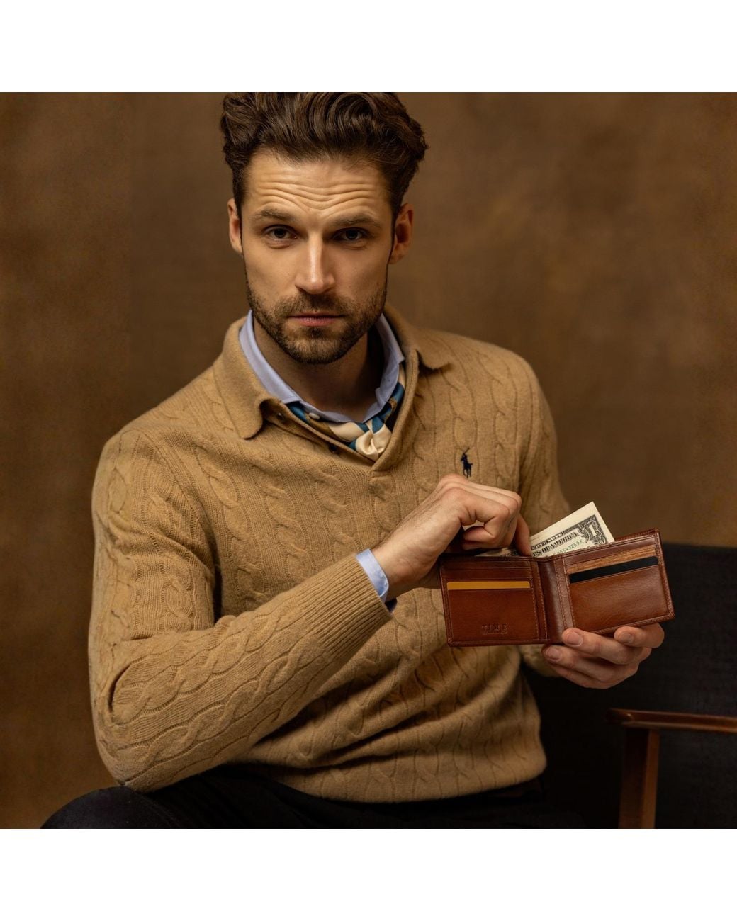 Time Resistance Brown Cognac Leather Bifold Wallet for men