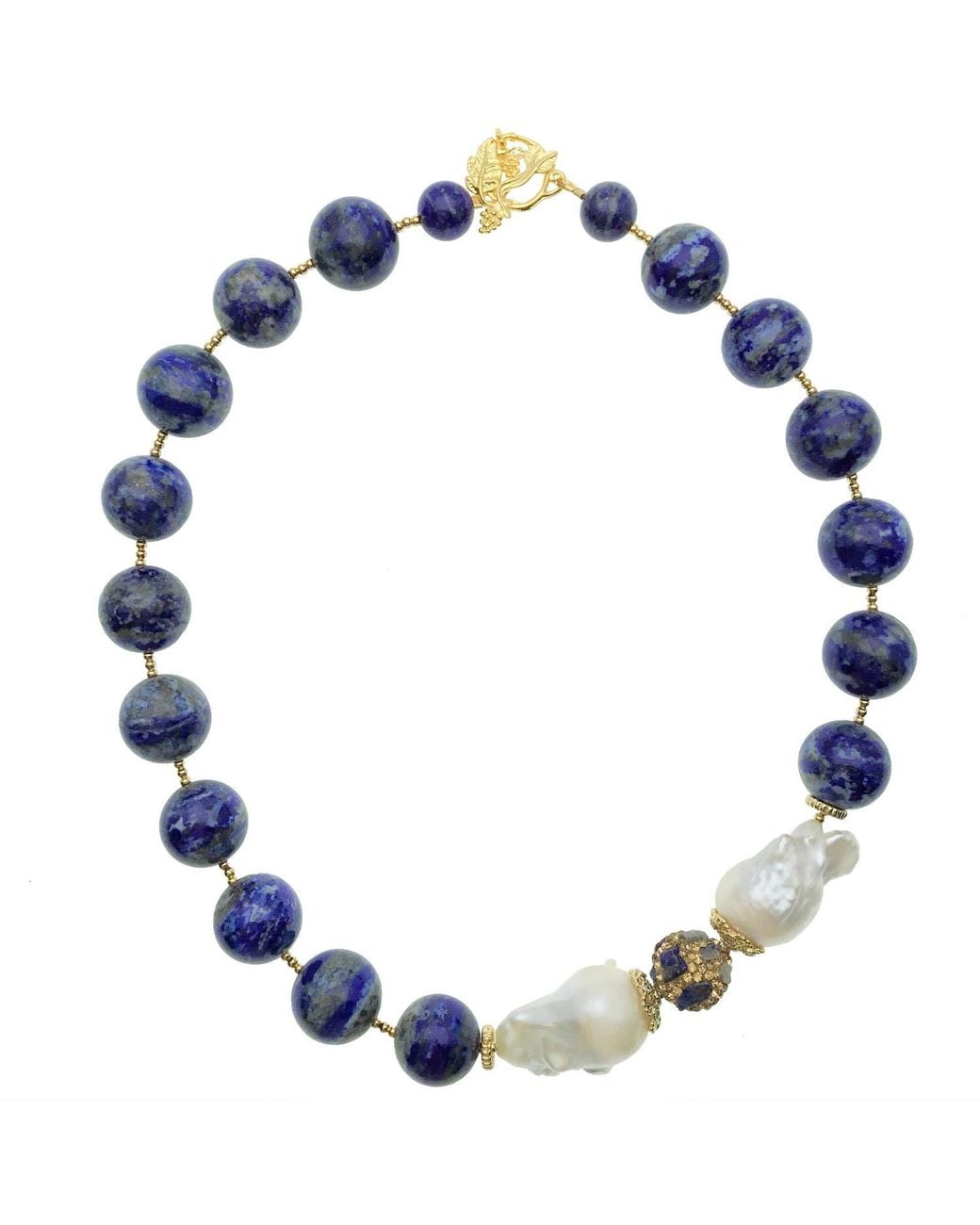 Farra Blue Natural Round Lapis With Baroque Necklace