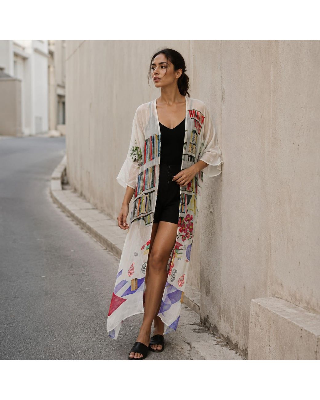 DHARA SHETH DUBAI White Abode Artistic Bookshelf Kimono Dress - & Library Print