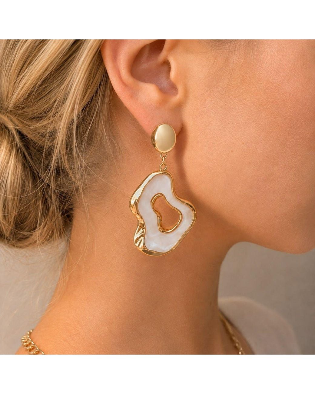 By Ozge Metallic Lunar Veil Mother Of Pearl Inspired Plated Drop Earrings