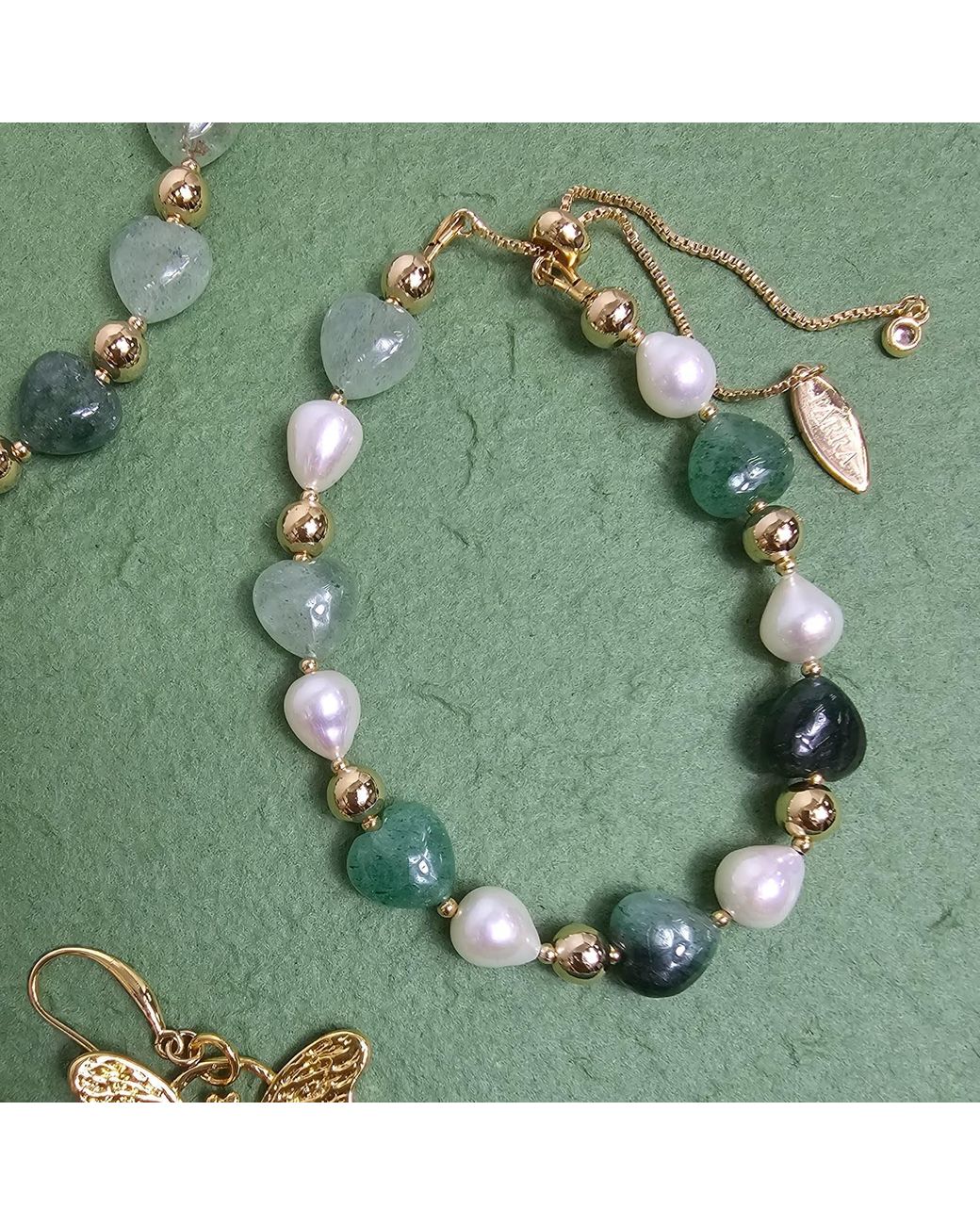 Farra Green Heart Shaped Aventurine With Freshwater Pearls Adjustable Bracelet