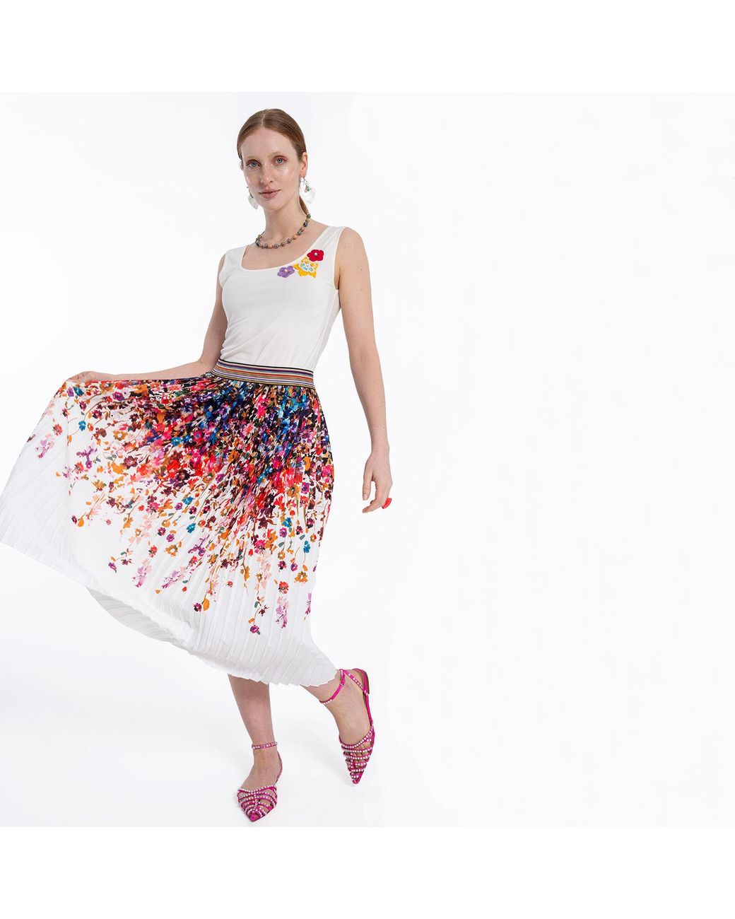 Lalipop Design White Floral Print Pleated Midi Skirt – Recycled Fabric