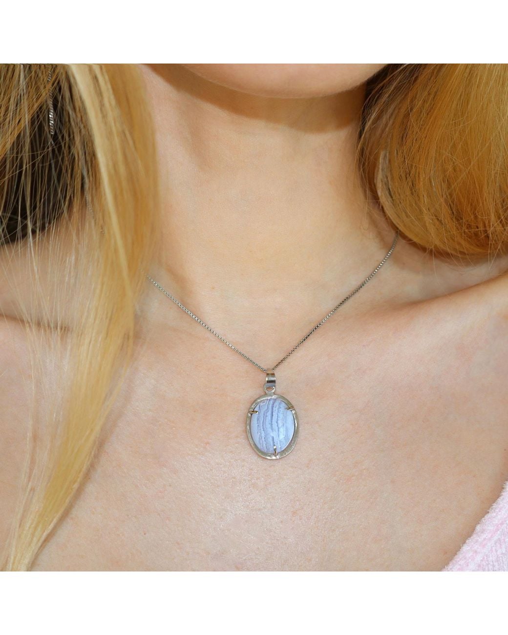 Mineralgems•Studio Blue Chalcedony Pendant With Sterling Chain