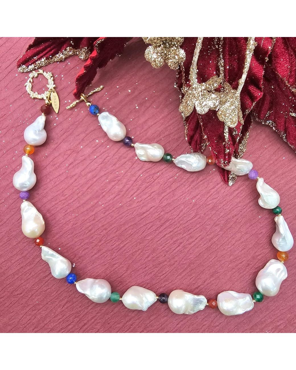 Farra Metallic Baroque Pearls With Colorful Gemstone Necklace