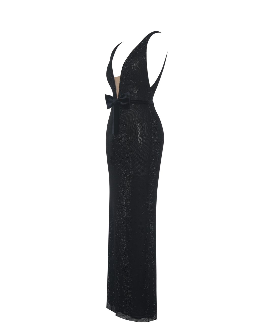 Miss Circle New York Black Olympia Belted Bow Plunging Rhinestone Maxi Dress