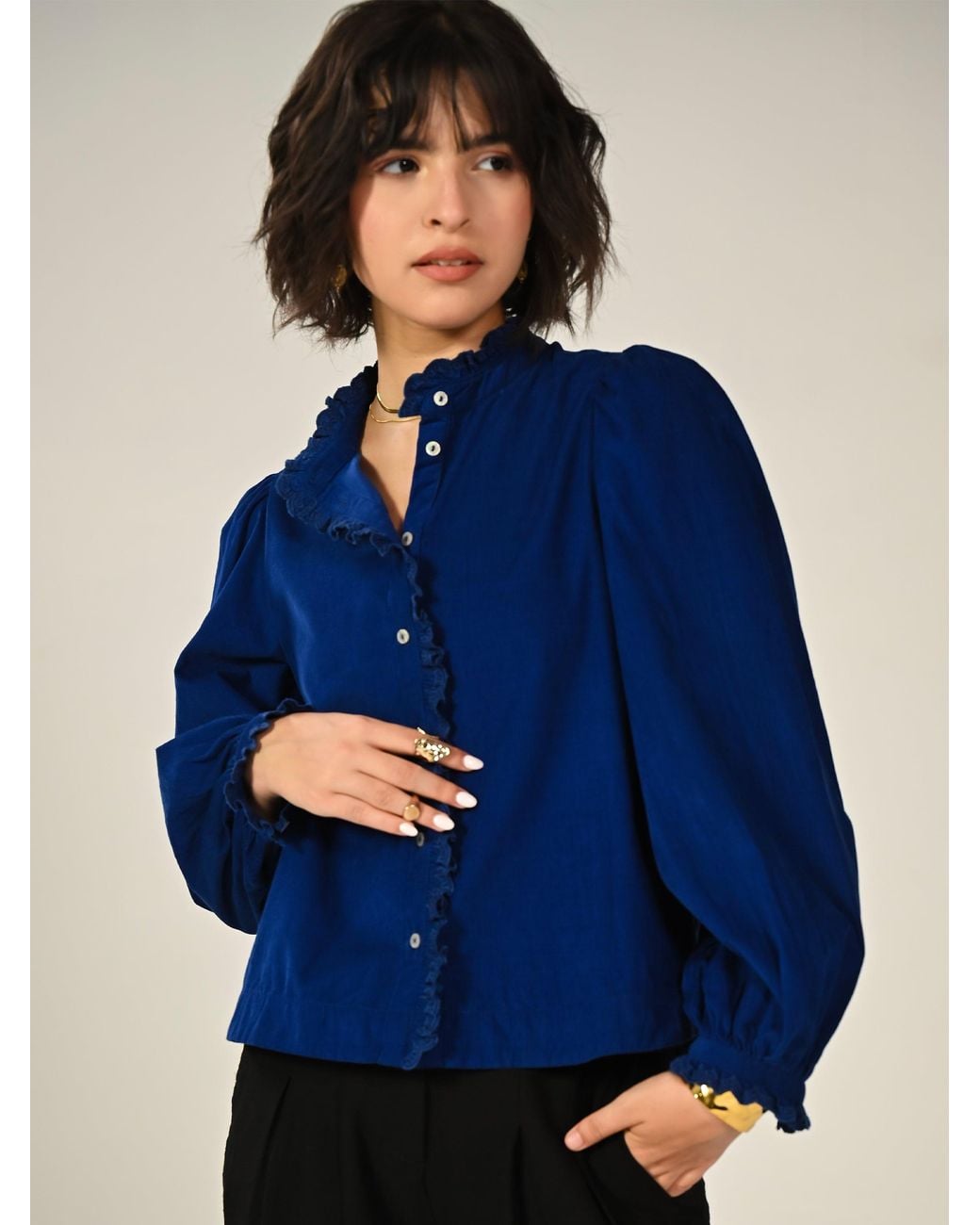 Rose & Nancy Blue Nerys Cord Embroidered Frill Blouse