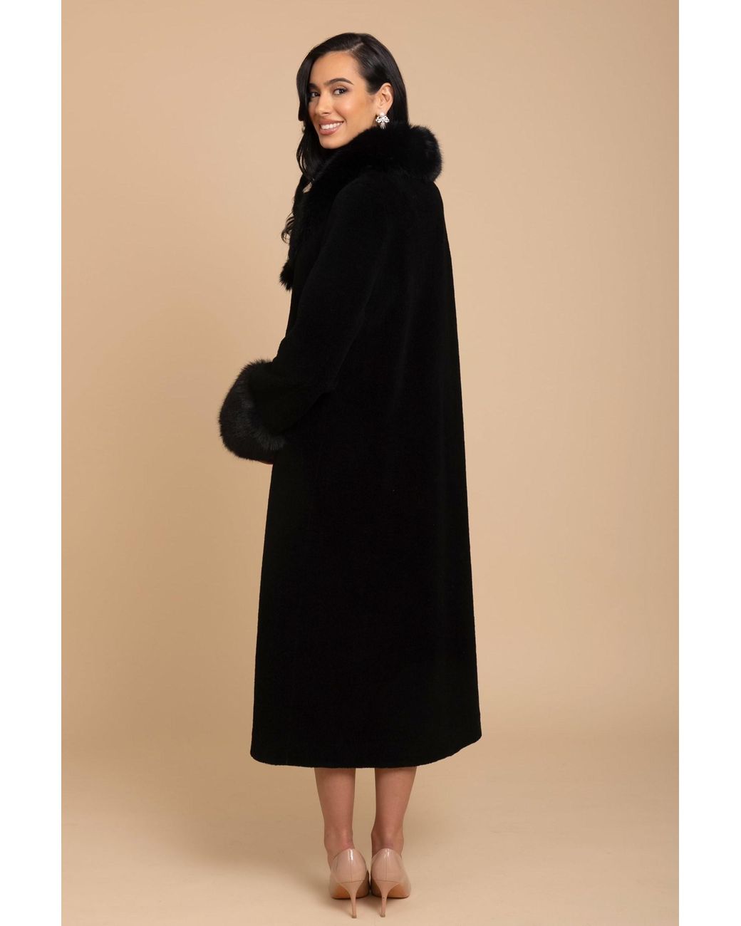 Santinni Black Sunset Boulevard Long Wool Coat With Faux Fur Collar
