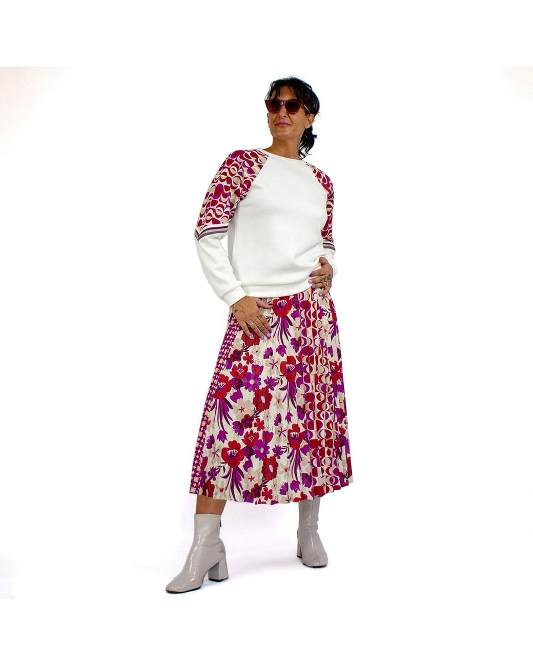 Lalipop Design Red Half Circle Pleated Midi Skirt With Floral & Geometric Print