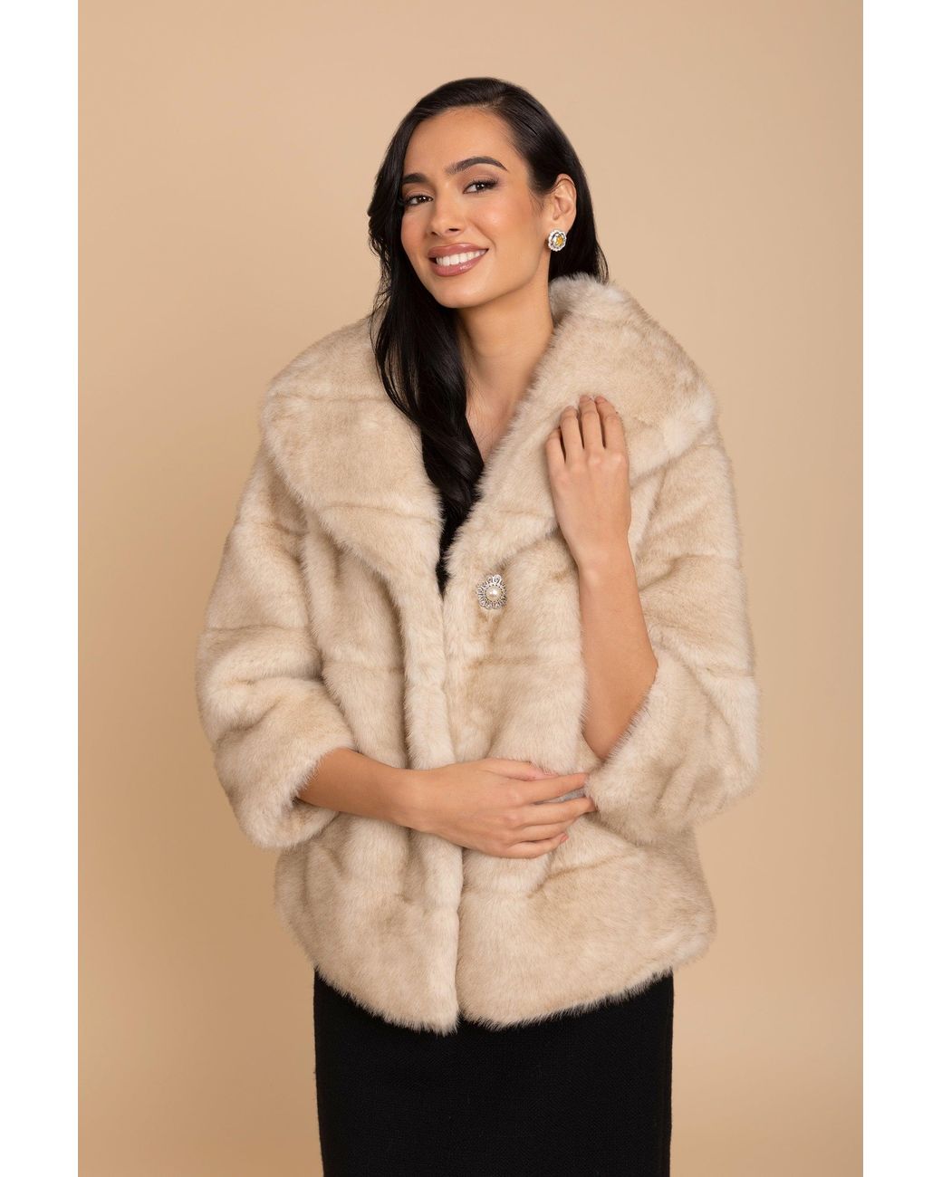 Santinni Natural Satin-Lined Faux Fur Cropped Brooch Coat