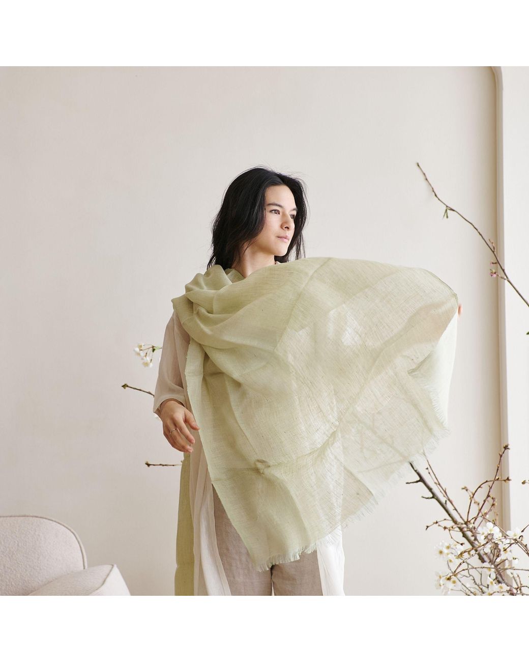 Variously Green Soya Pastel Lime Hand Woven Soft Linen Scarf