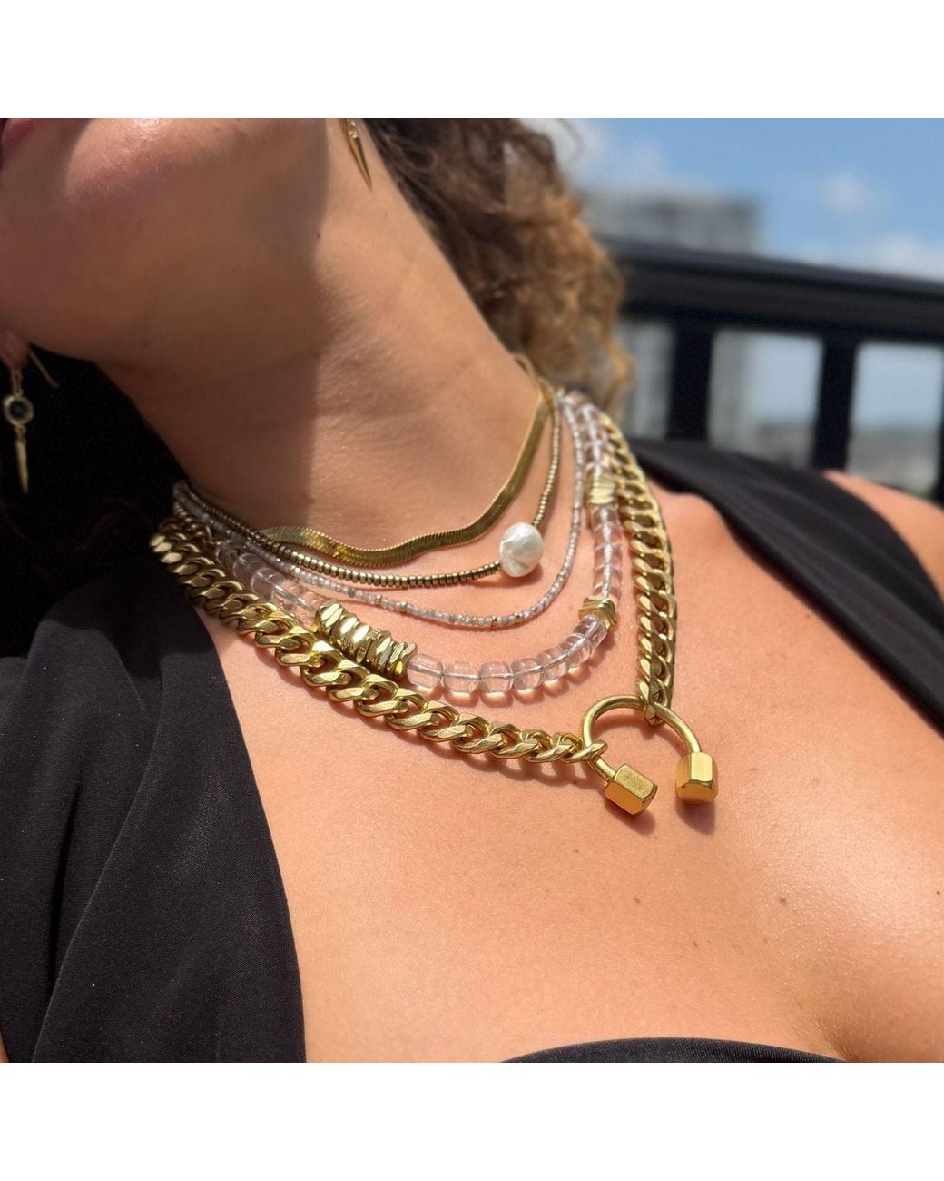 Rachel Nathan Metallic Rock Quartz Barrel & Brass Heishi Necklace