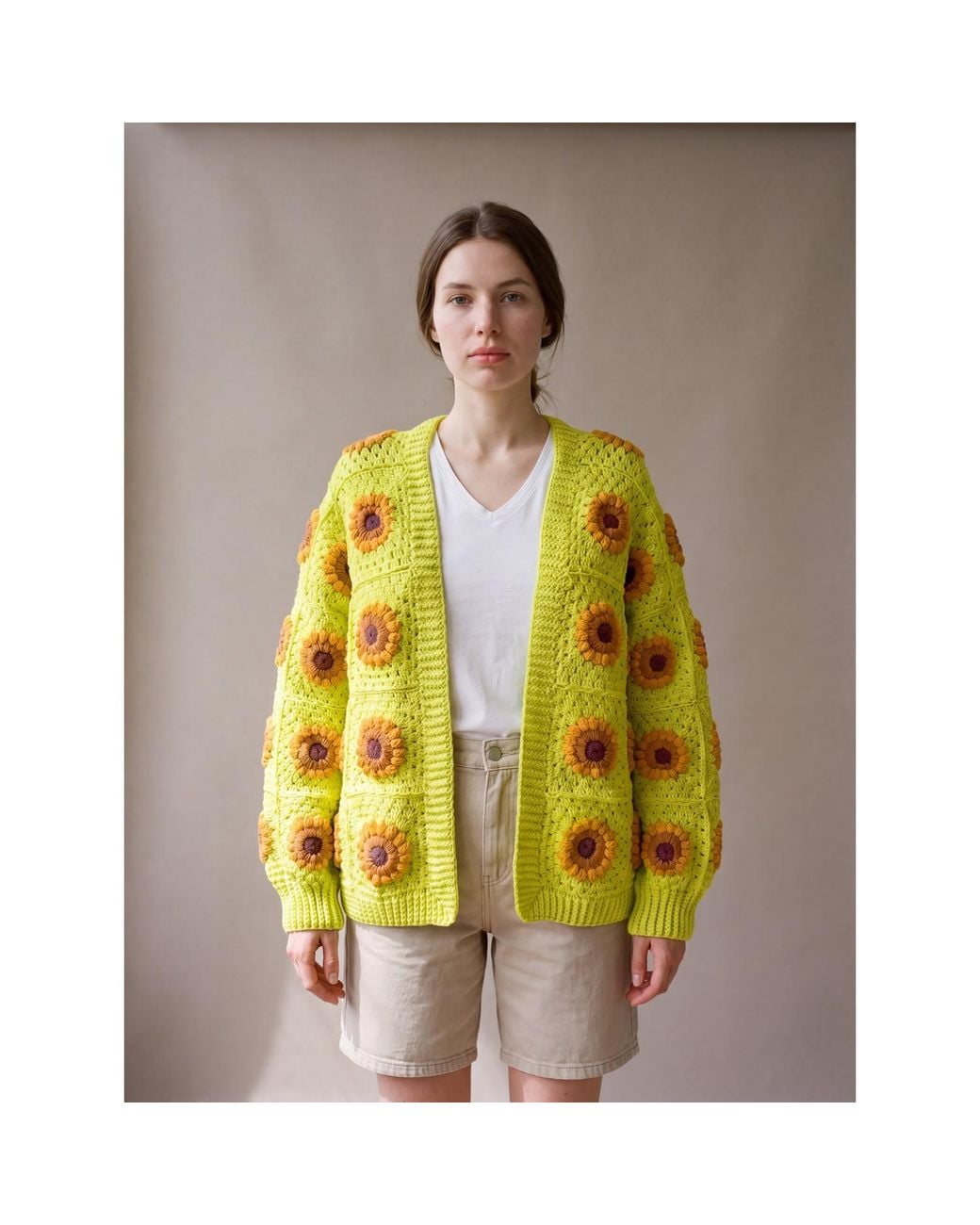Ana Chic Yellow Lime Sunflower Granny Square Handmade Crochet Cardigan