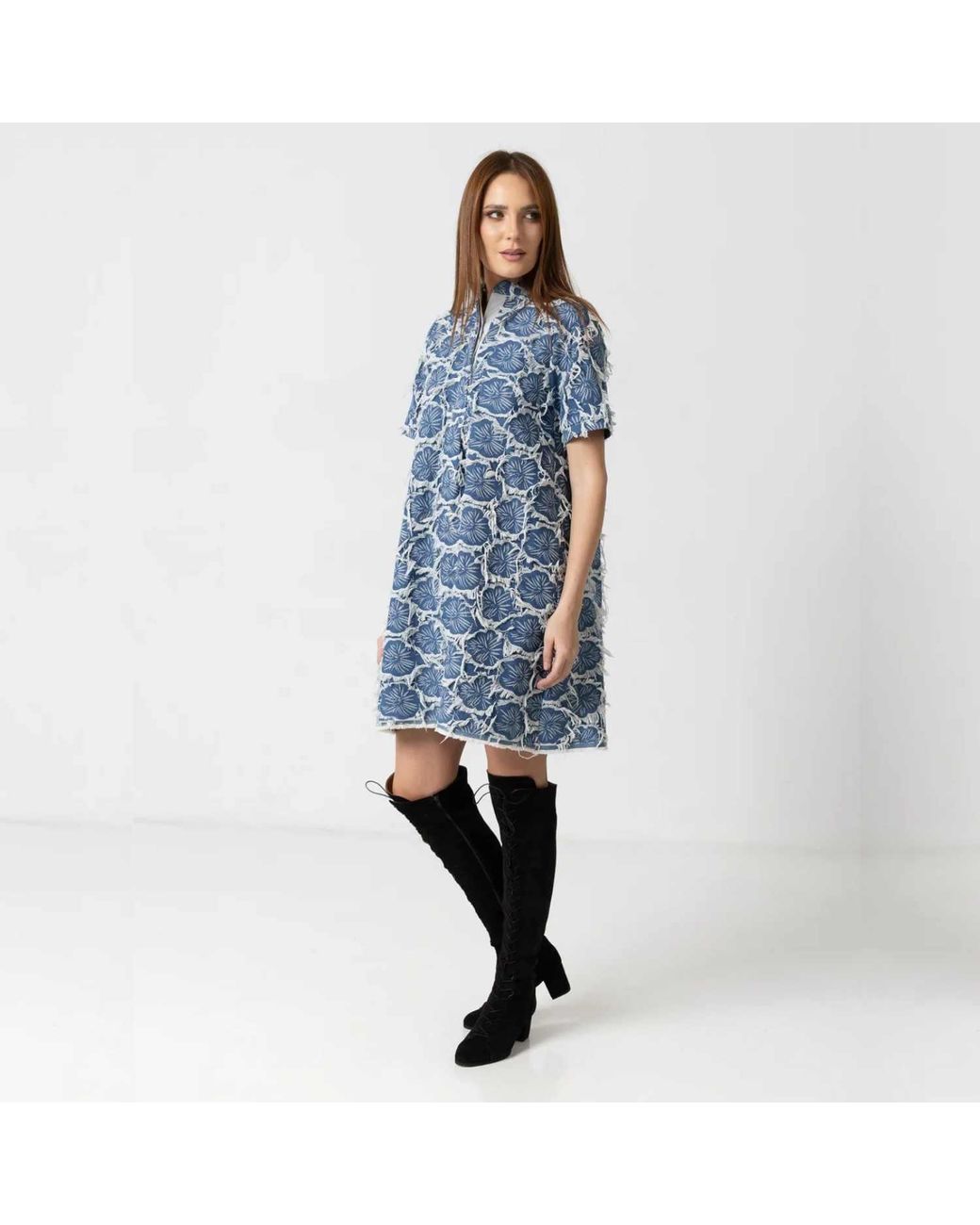 IZABELA MANDOIU Blue Light Denim Mini Dress With Floral Embroidery & Fringe