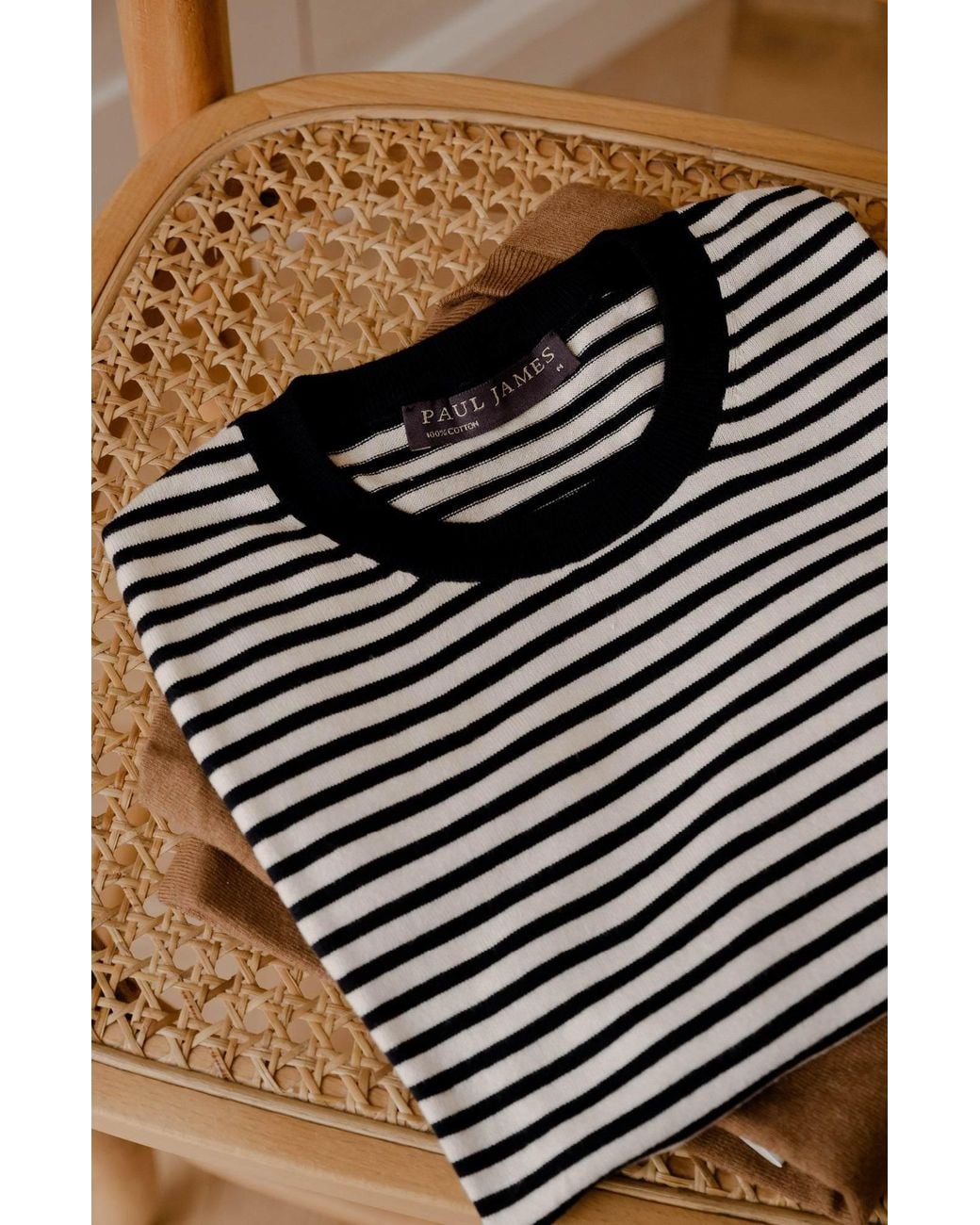 Paul James Knitwear Black Ultra Fine Cotton Antonio Knitted Narrow Breton Stripe T-Shirt for men