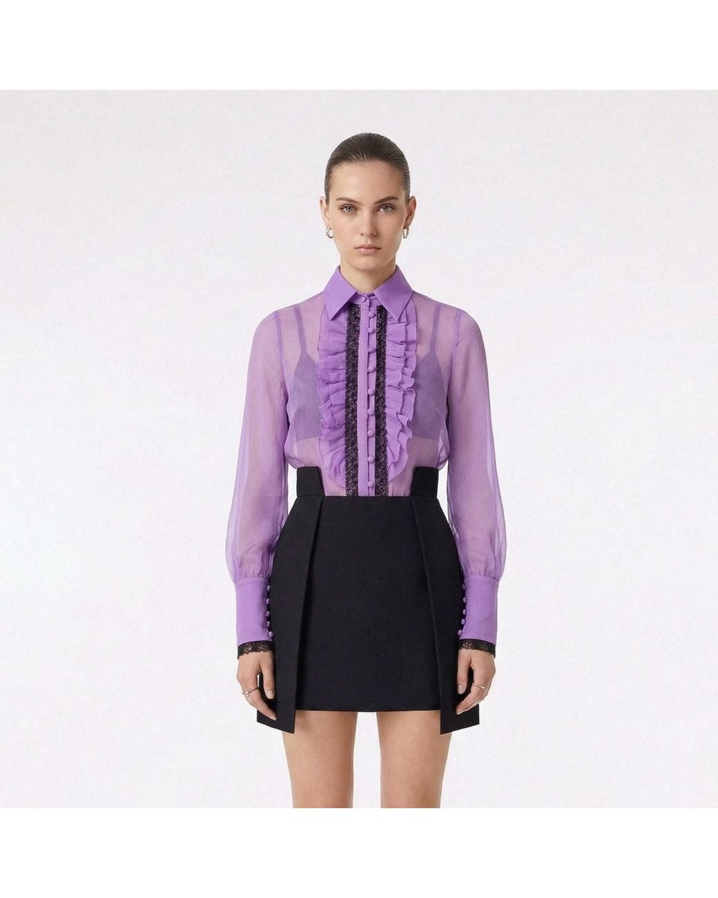 AVENUE No.29 Purple Silk Ruffle Buttoned Down Shirt